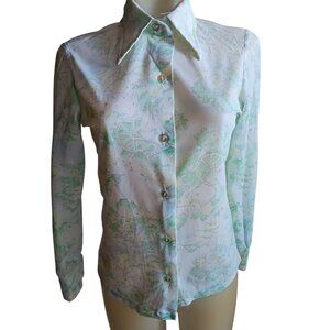 Small 32 Vintage 70's Sheer Nylon Disco Shirt Blouse Scenic Country Print Green